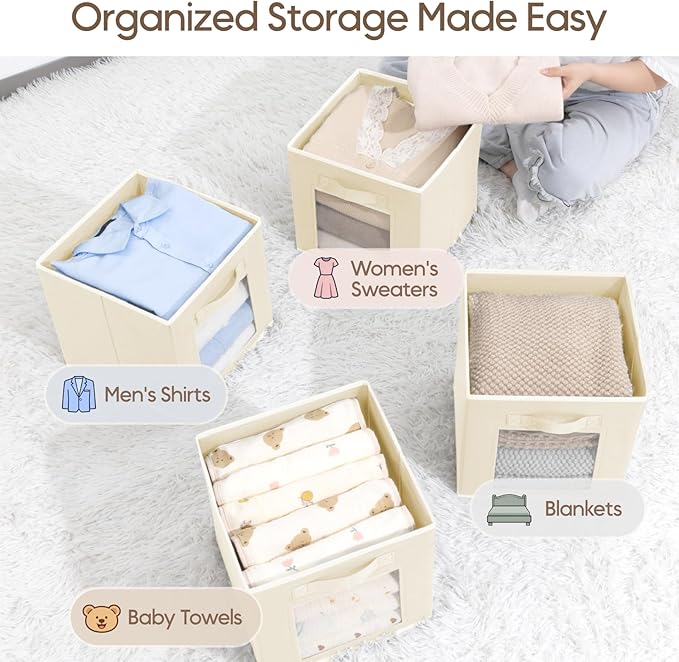 Foldable Storage Cubes - Cubby Storage Organizer with Window, Decorative Baskets for Organizing, Fabric Bins for Clothes Storage, Closet Storage Cubes-11inch, Set of 12, Beige