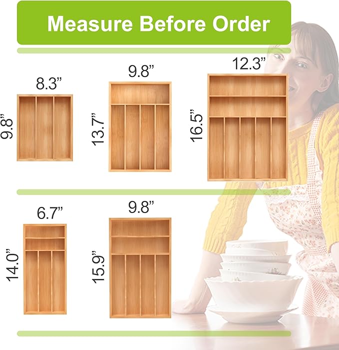 Bamboo Utensil Drawer Organizer, Silverware Tray Organizer, Kitchen Drawer Organizer for Flatware Cutlery, Silverware Tray for Drawer (Natural, Large 16.5x12.3 Inch)