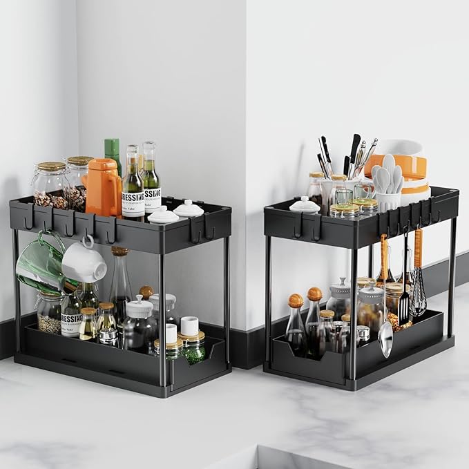 2 Pack Under Sink Organizer,Bathroom Cabinet Organizer with Sliding Basket, Multi-Purpose Under Sink Organizers and Storage for Bathroom Kitchen(Black)