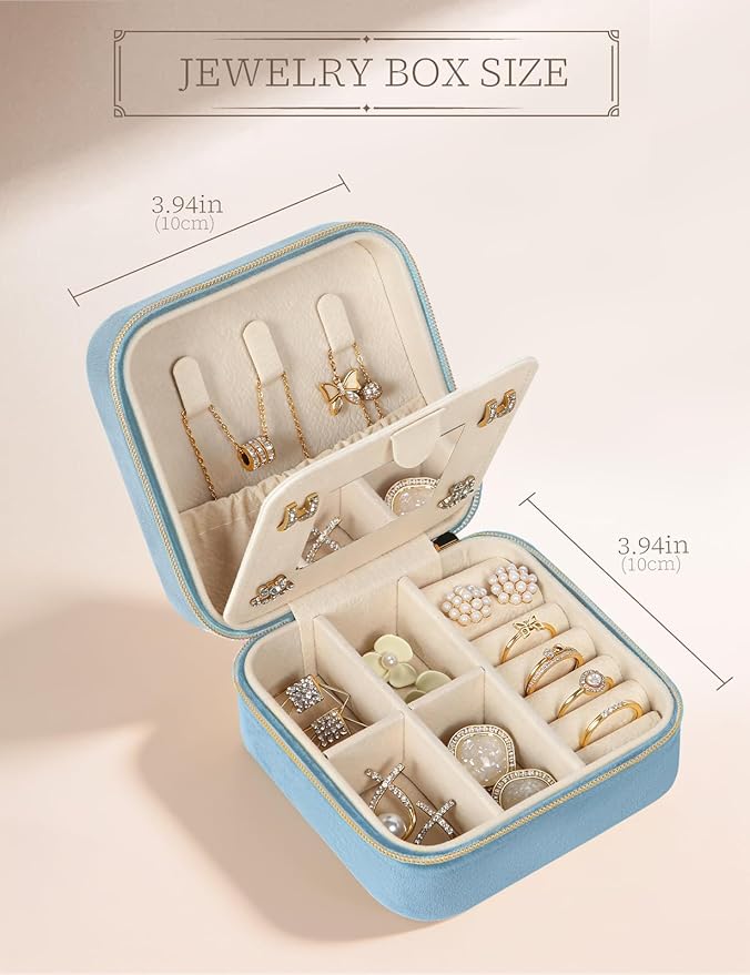 Plush Velvet Travel Jewelry Case Small Jewelry Box Jewelry Organizer Storage Case Portable Jewelry Travel Case for Girls Womens Earring, Necklace, Rings,Bracelets with Mirror