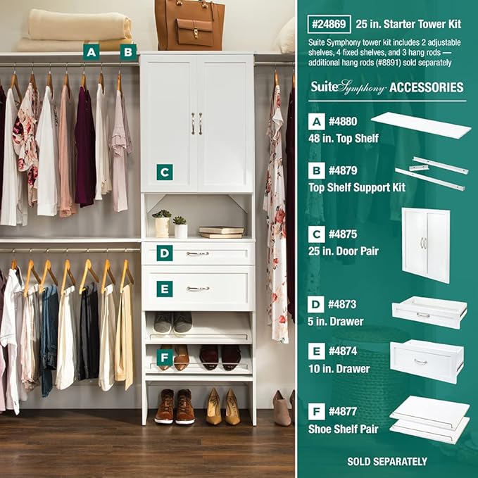 ClosetMaid SuiteSymphony Wood Shoe Shelves Set, Add On Accessory, Angled, Shoe Fence, for 25 in. Units, Pure White/Satin Nickel