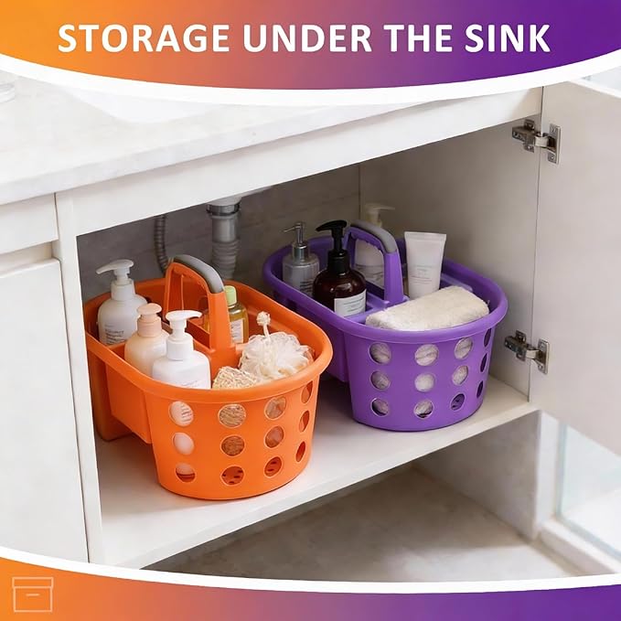 Large Shower Caddy Portable 2PC - Made in USA Plastic Jumbo Size Dorm Storage Candy Tote with Handle Shower Organizer for Bathroom, Pantry, Kitchen, College Dorm, Orange/Purple