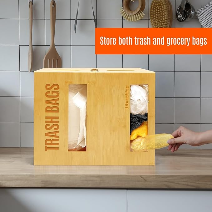 Bamboo Double Trash Bag Holder Dispenser – Wall Mount or Cabinet Storage for Kitchen/Pantry/Laundry, Holds 2 Standard Rolls – Space-Saving Garbage Bag Organizer with Easy Access