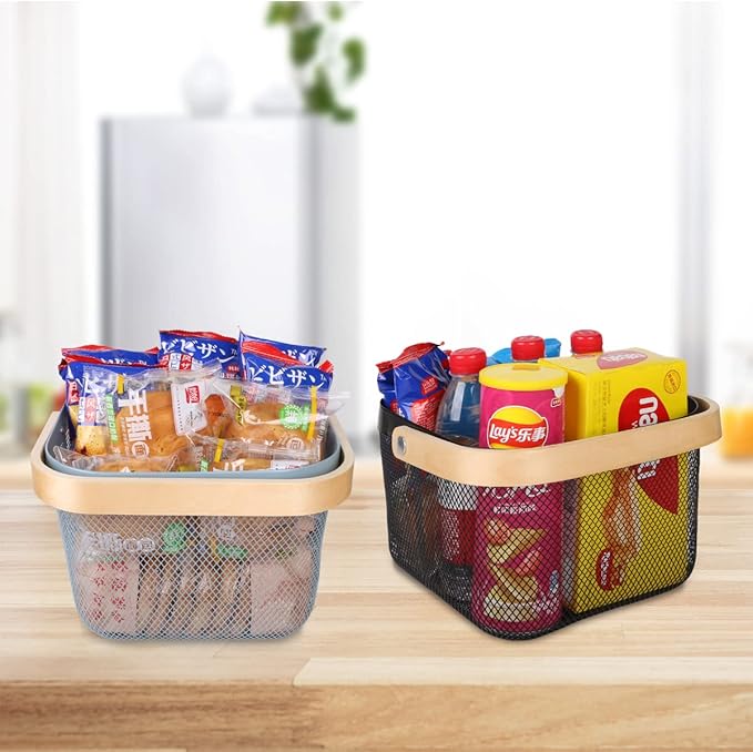 Mesh Steel Storage Organizer Basket Fruit Basket Bin with Wood Handle Ideal for Kitchen Bathroom Picnic Baskets Pantry Cabinets Storage Home Decor (Black)