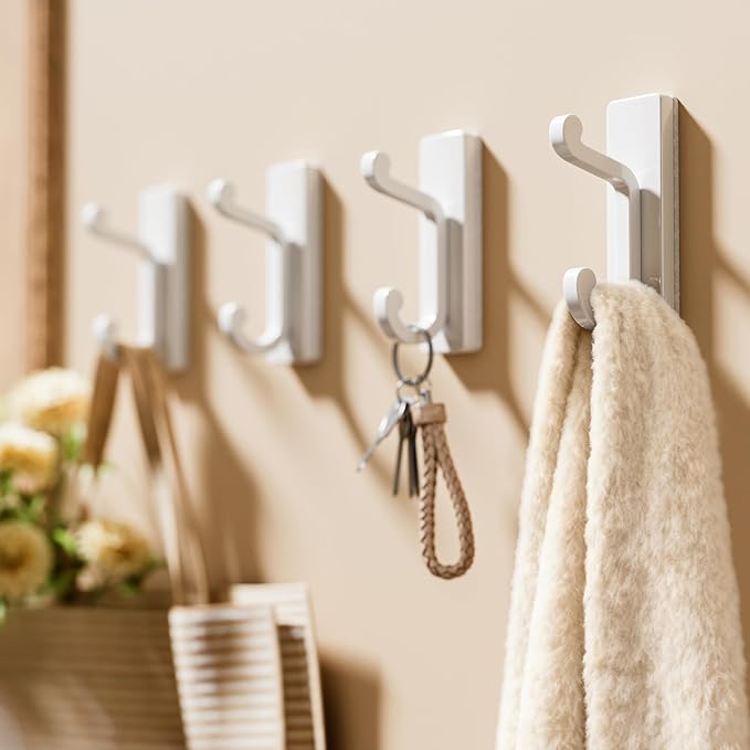 White Self Adhesive Wall Hooks - 4 Pack Sticky Hangers Wall Mount, Holds 13Lbs for Clothes, Towel, Robes, Keys, Double Hooks for Bathroom, Bedroom and Door.