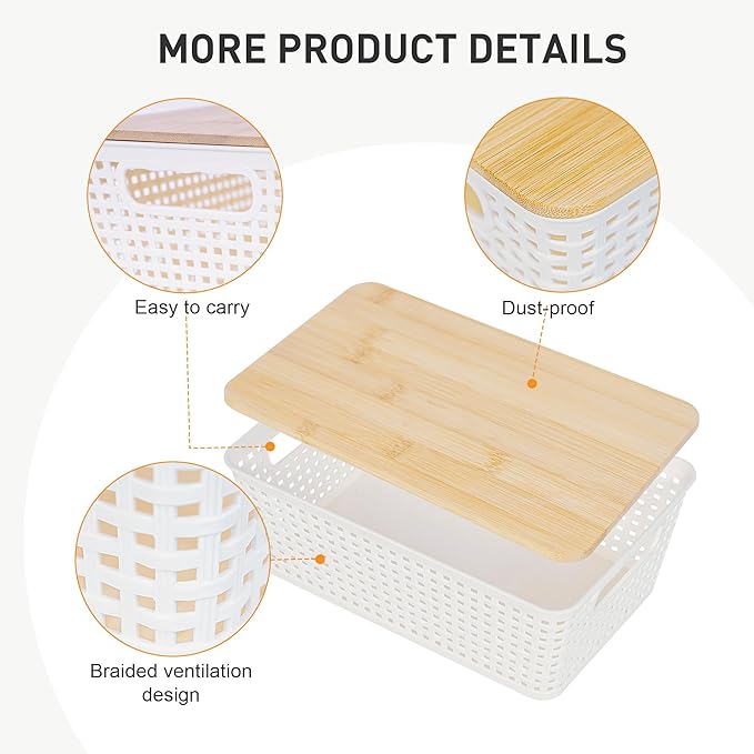 Storage Bins with Lids 10 Packs, Plastic Storage Bins with Bamboo Lids for Pantry Organization and Storage Containers for Shelves Drawers Desktop Closet Playroom Classroom Office Home, White