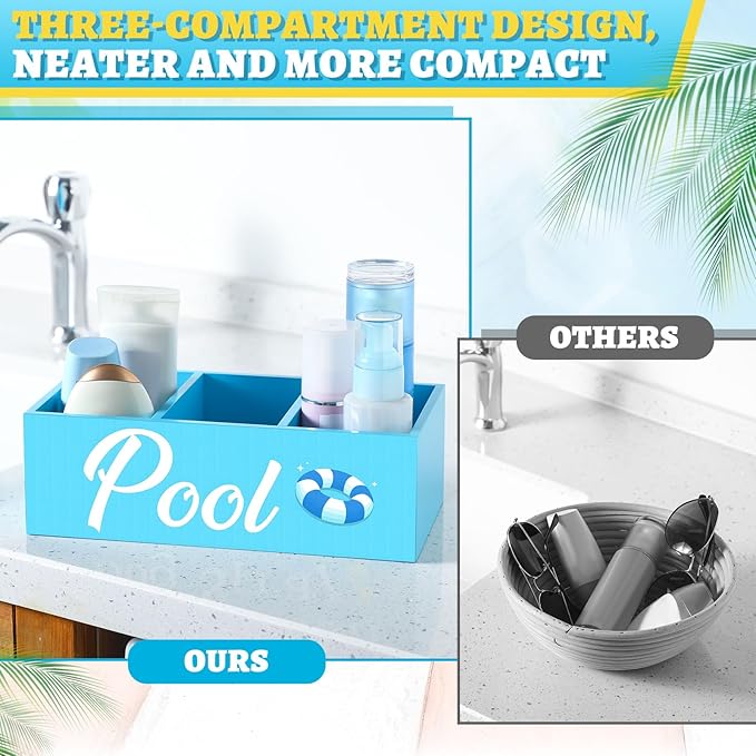 Pool Storage Basket Blue Summer Wooden Box with 3 Compartments Toilet Tank Tray for Indoor Outdoor Swimming Pool Decor Sunblock Sunglasses Beach Toy Storage Box