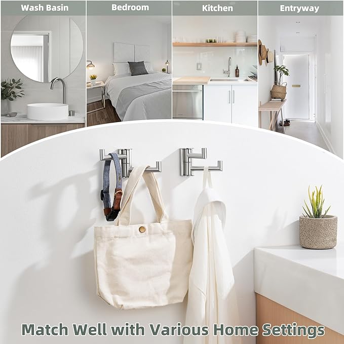 Brushed Nickel 2 Pack Swivel Coat Hooks, 304 Stainless Steel Foldable Towel Hooks with 2 Rotating Arms, Wall Mounted