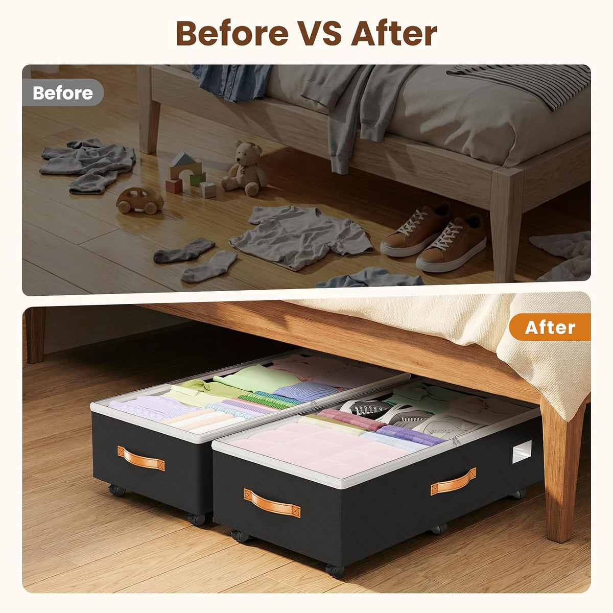 Budding Joy 80L 2 Pack Adjustable Under Bed Storage with Wheels Underbed containers with clear lids, rolling under bed shoe storage organizer for dorm home clothes, blankets, toys, black