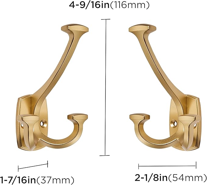 Large Wall Double-Sided Hook 10 Pack Brushed Gold Hook Decorative Heavy Duty Solid Large Coat Hooks for Towel Hanging Coats Robe Towel Bags Door Back 2 Prong Hooks