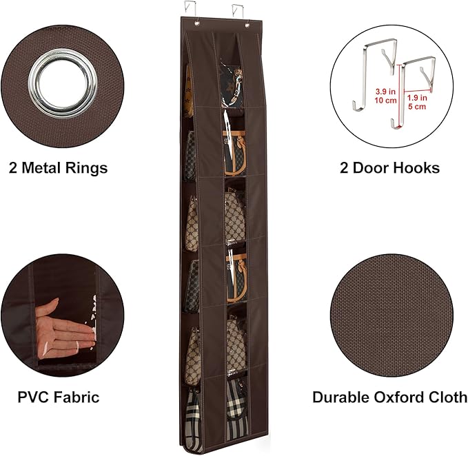 Lirex Over The Door Purse Organizer, Space-Saving Medium and Large Handbag Storage Organizer Clothing Closet Hanger, Dark Brown