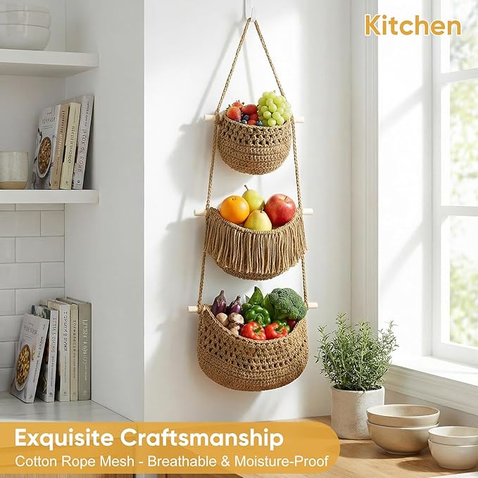 Boho Style Handwoven Rope Hanging Basket - 3-Tier Detachable Storage Organizer for Kitchen/Bathroom/Entryway, 3 Included Heavy-Duty Hooks, 7 Color Options Available (Green&White)
