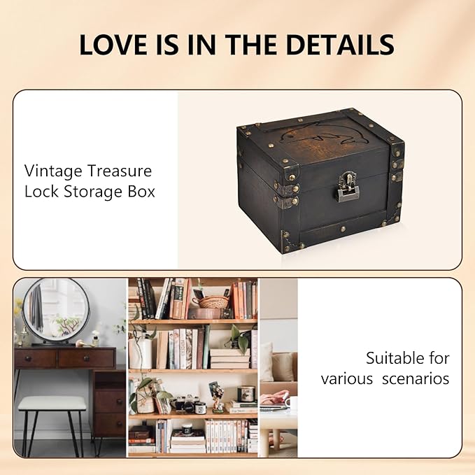 POWER UNICO FLOWER Vintage Treasure Lock Storage Box â Handmade Wooden Decorative Chest, Perfect Keepsake Box for Home DÃ©cor, Jewelry, Trinkets and Gift Storage (332)