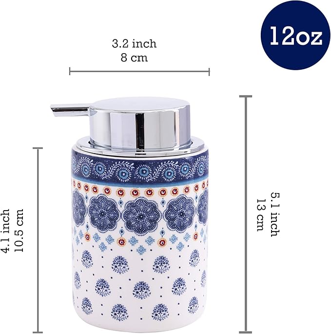Bico Blue Talavera Ceramic 12oz Soap Dispenser with Removable Pump, Ideal for Kitchen, Bathroom, Lotion and Essential Oil