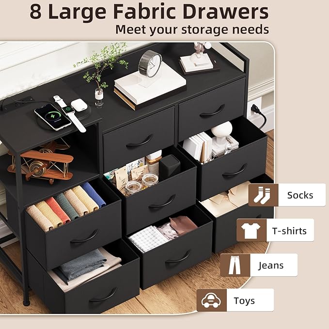 Somdot Dresser with Charging Station and Open Shelves,Dresser for Bedroom with 8 Storage Drawers,Storage Cabinets Organization Units for Living Room, Hallway,Sturdy Metal Frame,Wood Top,Black