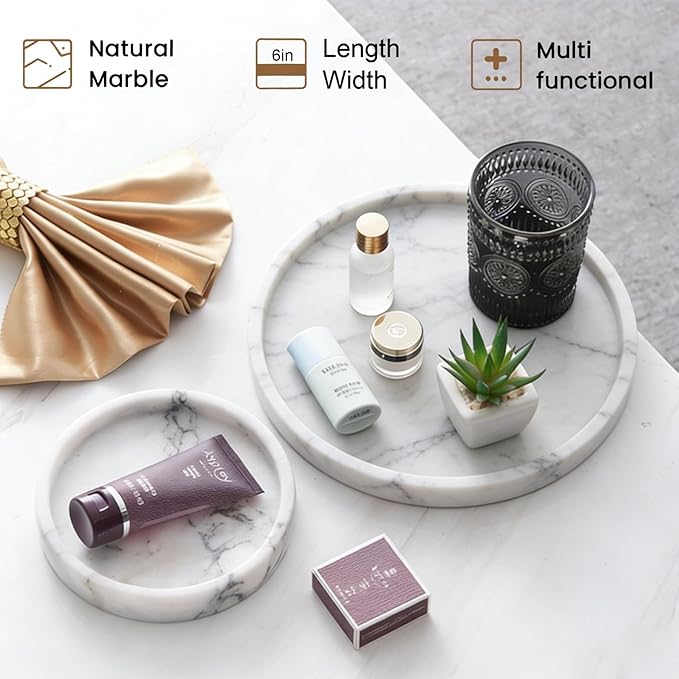 Natural Marble Tray, Round White Tray for Bedroom/Bathroom/Kitchen/Vanity Countertop, Jewelry Tray for Rings Earrings Necklace Bracelet Watch, Room Decor Aesthetic