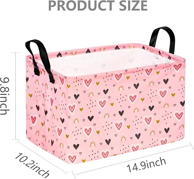 valentines basket Rec Pink Heart Print Box Hamper Storage Basket Collapsible Organizer Bin Gift Shelf Baskets for Home and Kitchen Storage