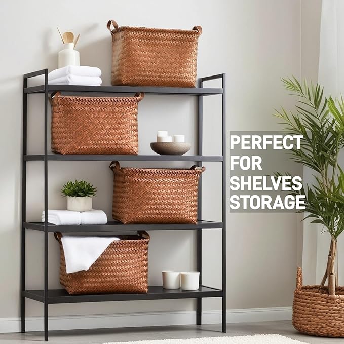 GIB Wicker Storage Baskets for Shelves, Woven Laundry Basket for Organizing Clothes Blanket Basket, Decorative Rectangular Closet Organizers Storage Bins with Handles, Brown, 4 Pack