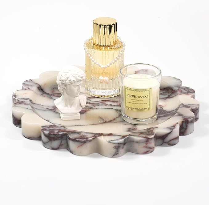 Scalloped Round Marble Tray - 9.9 Inch Violet Stone Decorative Perfume Trinket Jewelry Dish, Catchall Organizer for Bathroom Vanity Dresser Kitchen Countertop Home Decor