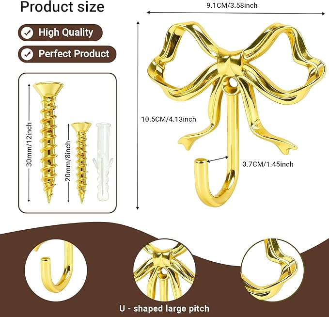 2 PCS Large Size Gold Bow Wall Hook,Decorative Gold Coat Hooks for Bathroom,Bedroom,Living Room - Heavy Duty Metal Towel Hooks for Hanging Robes,Hats,Bags,Keys,Coffee Mugs