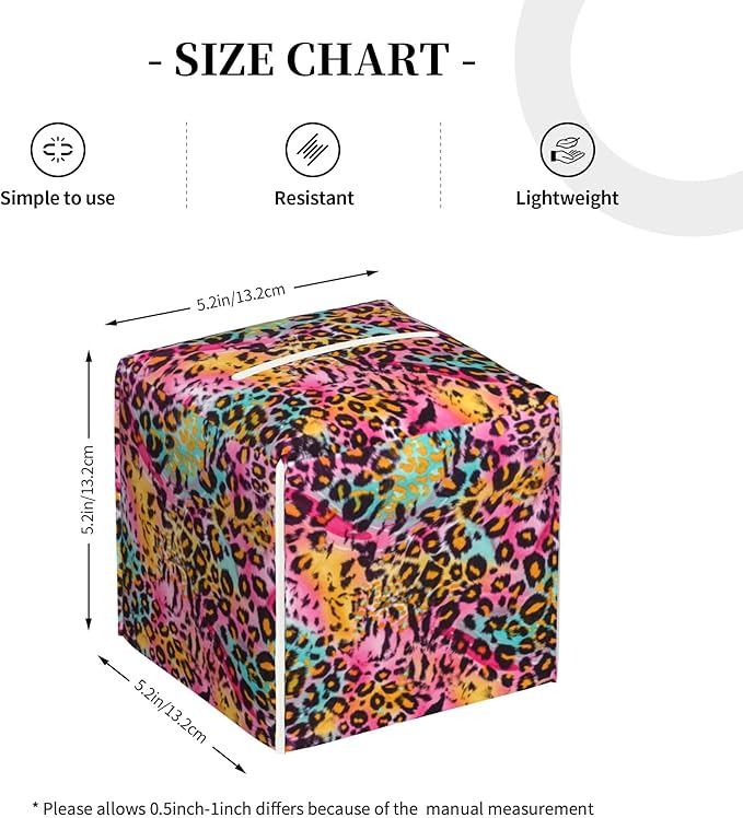 Rainbow Colored Leopard Tissue Box Cover Leather Tissue Box Holder Square Facial Paper Organizer Dispenser for Bathroom Kitchen Bedroom Vanity Countertop Night Stands