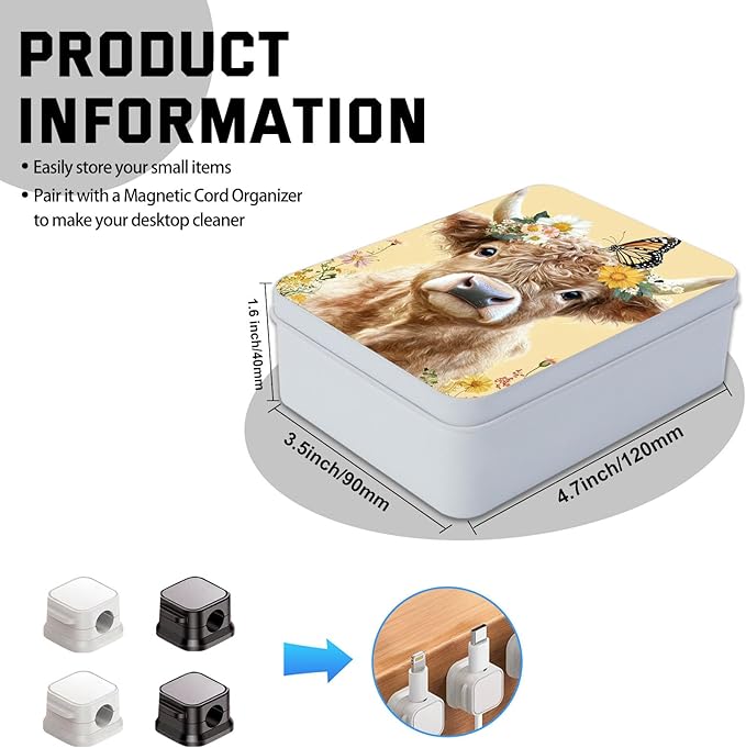 Metal Tin Box with Lid,Multi-functional Storage Box Can Store Tea Biscuits Game Cards, Playing & Tarot Cards-Comes with 4 Magnetic Cord Clips,Cute Cow Butterfly