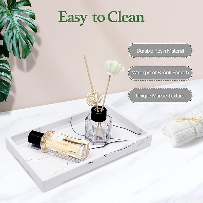 White Marble Pattern Vanity Tray, Resin Bathroom Tray for Counter, Toilet Tank Storage, Dresser Jewelry Organizer, Makeup Tray for Bathroom Bedroom, 10.5Ã5.9Ã1.1 Inches