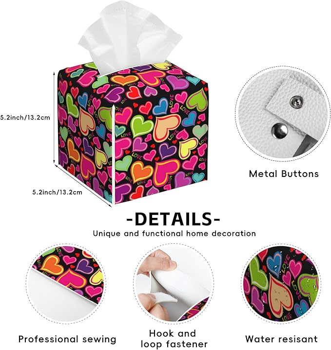 Rainbow Hearts Tissue Box Cover Square,Tissue Box Holder with Belt Bottom,Stylish Leather Napkin Holder for Vanity Countertop,Nightstands,Office Desk,5.2"Ã5.2"Ã5.2"