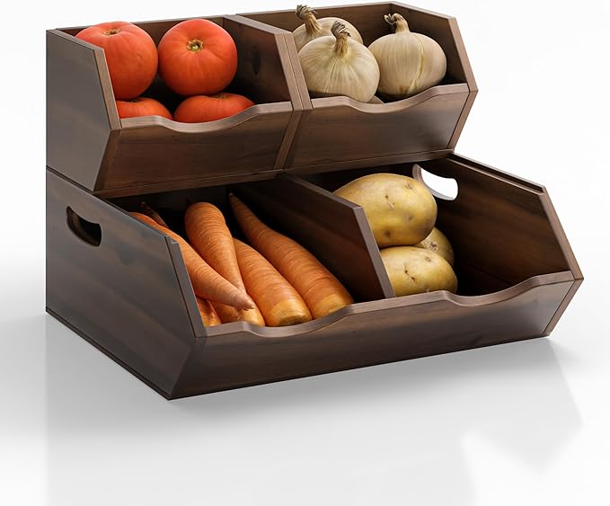 HOLANA Acacia Potato and Onion Storage Bin - Stackable Wooden Storage Bins - Pantry Baskets Organization and Storage - Onion and Potato Storage Bins for Kitchen Storage Organization