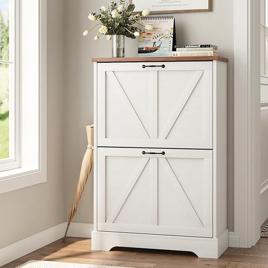 Shoe Cabinet, Shoe Storage Cabinet for Entryway with 2 Flip Drawers, Narrow Farmhouse Shoe Organizer Cabinet, Slim Shoe Rack Cabinet, White