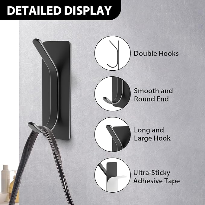 Adhesive Wall Hook for Towel, Coat, Extra Sticky 8LB Stainless Hook, Stick on Hanger for Bath or Shower, Black 6-Pack