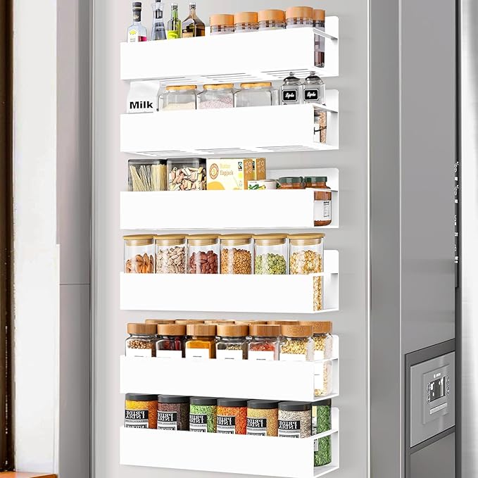 Magnetic Spice Rack Organizer for Fridge Seasoning Organizer for Kitchen storage with Screw Magnetic Shelf with Hook for Refrigerator and Oven (6pack-White)