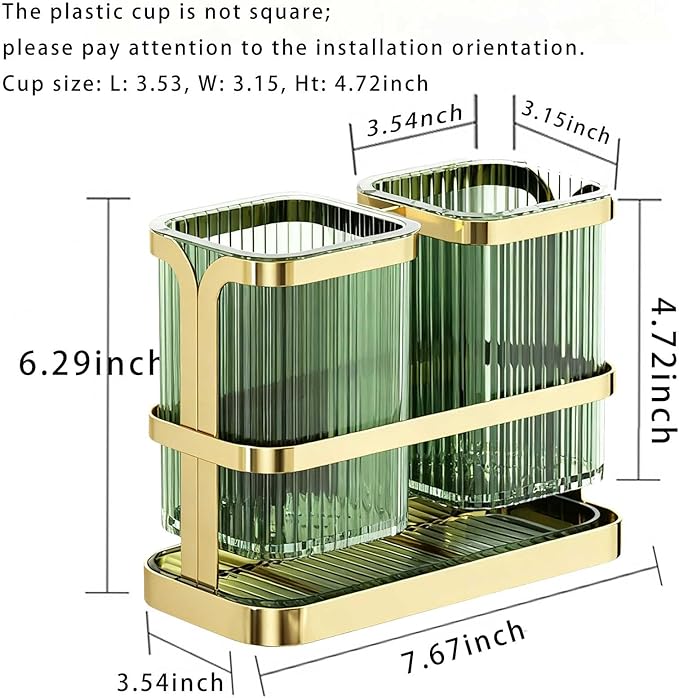 Toothbrush Holders for Bathrooms, Toothbrush Holder Wall Mounted, Kitchen Utensil Holder, 2 Cups Dry & Wet Separation, Kitchen Bathroom Tooth Brush Holder Organizers and Storage (Green Gold)