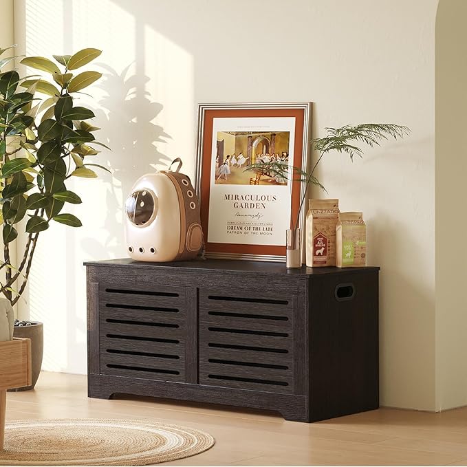 DINZI LVJ Storage Chest, 43.3â Wooden Toy Box with 2 Safety Hinges, Retro Entryway Shoe Storage Bench with Flip-Top, Sturdy Large Storage Trunk for Living Room, Bedroom, Easy Assembly, Espresso