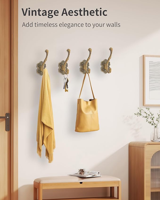 Vintage Coat Hooks Wall Mount, Unique Heavy Duty Wall Hooks for Hanging Towel Key Purse Hat Robe Clothes Decorative Hook for Bathroom Shower Closet Entryway Antique Brass 4 Pack