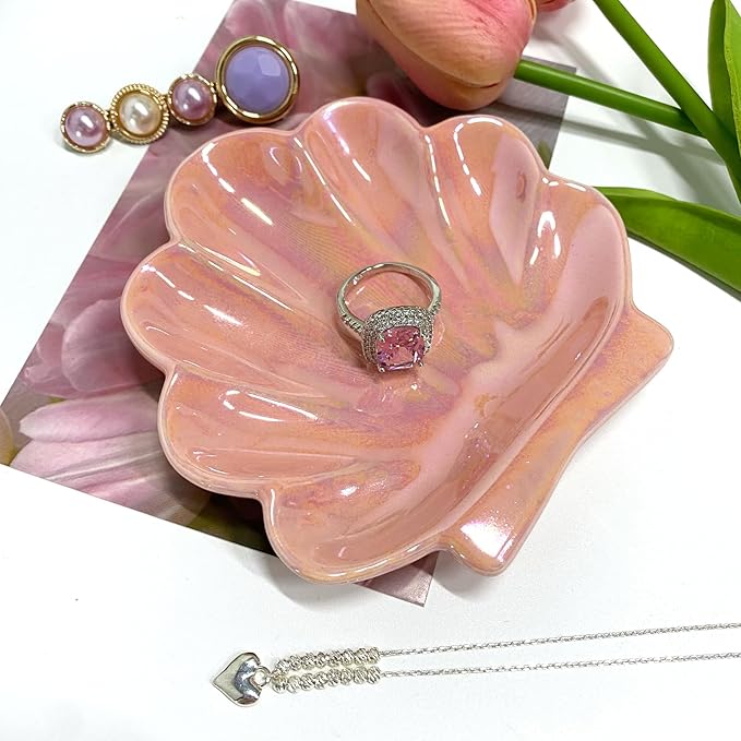 Sea Shell Jewelry Dish, Ceramic Seashell Jewelry Holder, Cute Organizer Plate Vanity Decorations Accessories for Home Bathroom Decor Birthday Mother's Day Christmas Gift for Women