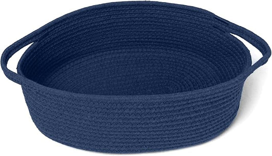 Dark Blue Small Woven Basket, 13â x 9â x 5â Baskets for Gifts Empty, Cotton Rope Gift Basket, Cute Nursery Baby Organizer, Cat Dog Toy Box, Oval Wicker Storage Bin with Handle