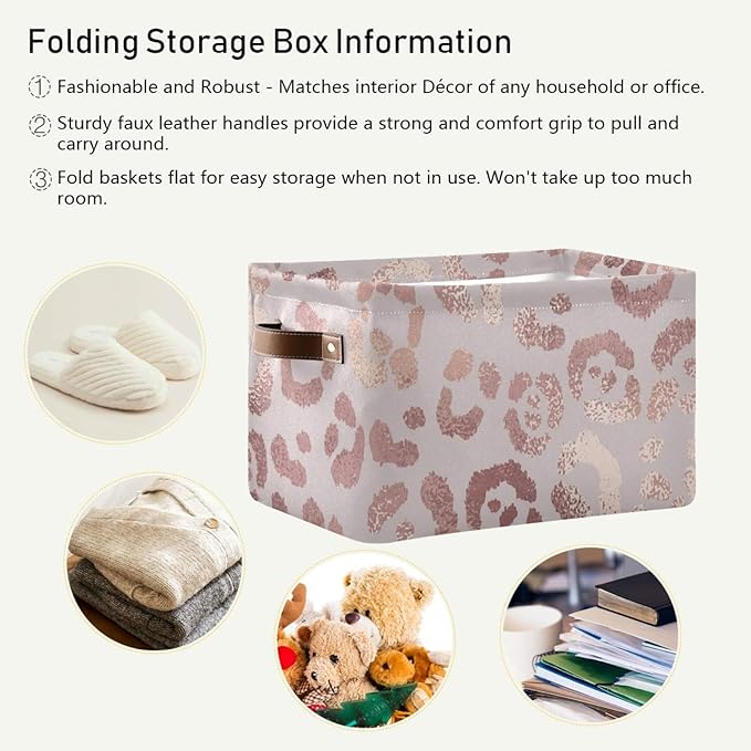 susiyo Large Foldable Storage Bin Leopard Skin Rose Gold Fabric Storage Baskets Collapsible Decorative Baskets Organizing Basket Bin with PU Handles for Shelves Home Closet Bedroom Living Room-2Pack