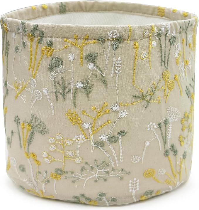 HAUSFRAU Storage Baskets Bins Makeup Organizer, Decorative Round Keys Basket for Desk, Shelves, Tabletop, Gift for mom, wife, girlfriend, 6" Embroidered Jacquard Box Cream