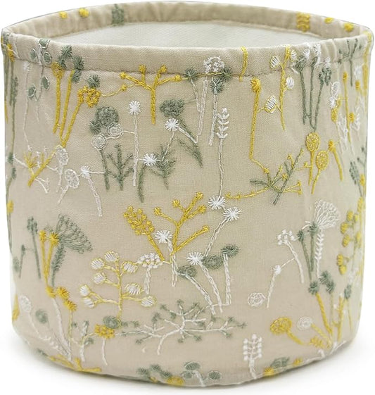 HAUSFRAU Storage Baskets Bins Makeup Organizer, Decorative Round Keys Basket for Desk, Shelves, Tabletop, Gift for mom, wife, girlfriend, 5.12" Embroidered Jacquard Box Cream