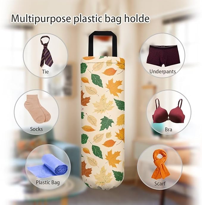 Hanging Plastic Bag Holder Dispenser Set of 2 Reusable Wall Mount Hanging Plastic Bag Storage Organizer for Grocery Bags,Falling Leaves