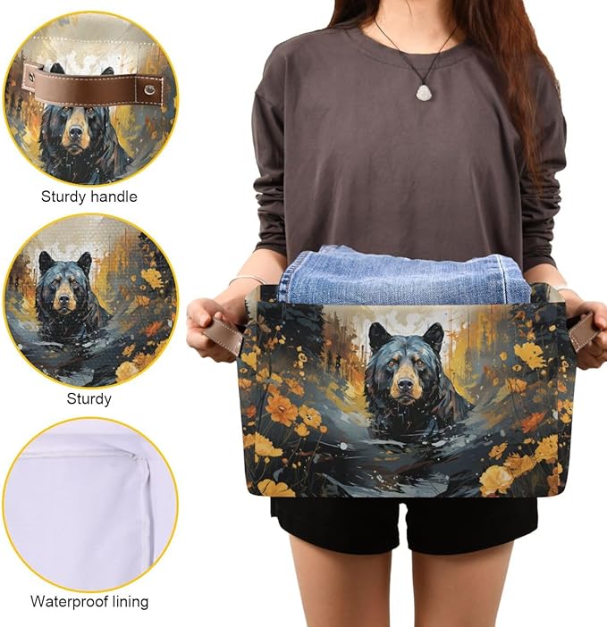 Storage Basket Black Bear in The Forest Durable Canvas Collapsible Toy Box Organizer Bin with Handles for Shelf Closet Bedroom Home Office