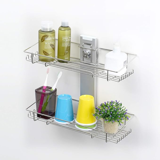 Bath Beyond BATHBEYOND Shower Caddy Suction Cup Tier Shower Shelf - Adjustable Shower Caddy 400 Stainless Steel No-Drilling and Extra Adhesive Sticker for More Stronger Suction (2Tier)