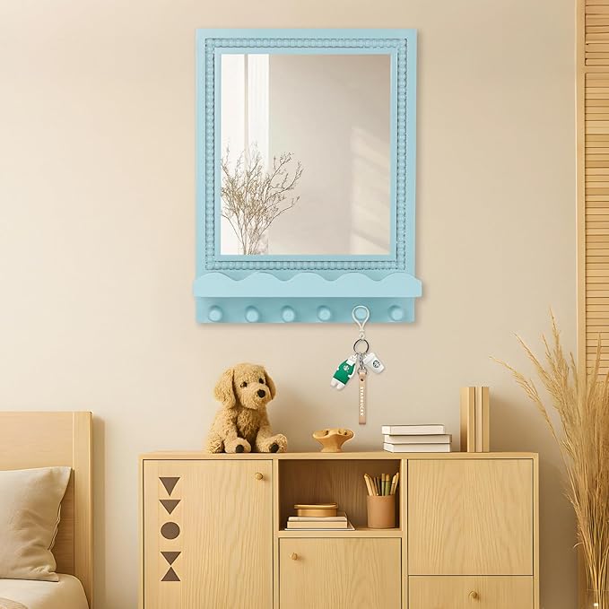 Tirzah 16x12 Inch Wall Mount Beaded Wood Framed Mirror with Shelf and 6 Hooks, Blue Decorative Entryway Mirror with Storage for Laundry Room, Bathroom, Bedroom