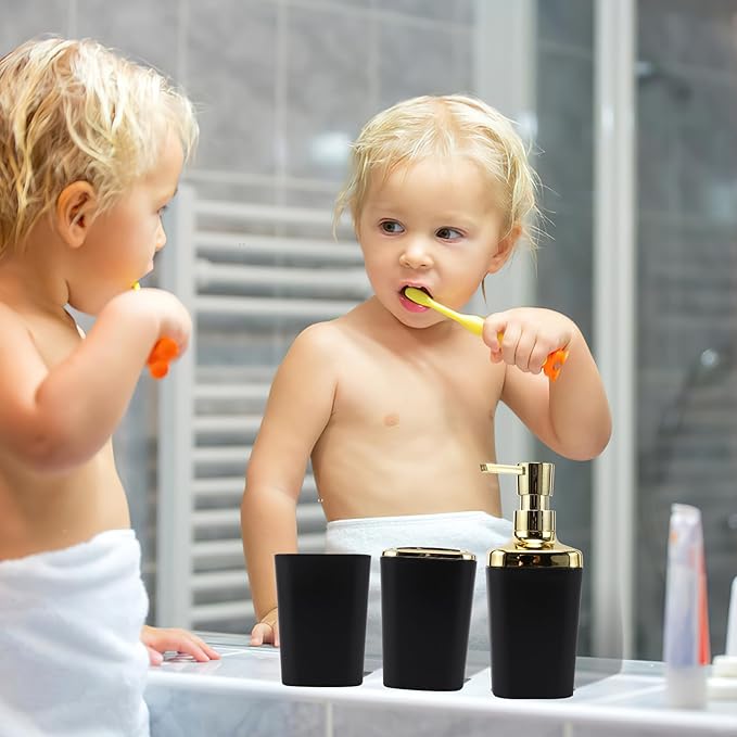 Black and Gold Bathroom Accessories Set, Bathroom Sets with Shower Curtain, Black Bathroom Accessories with Trash Can, Soap Dispenser, Soap Dish, Toilet Brush Holder, Qtip Holders for Bathroom