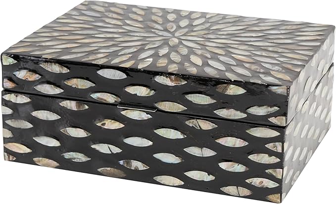 Deco 79 Mother of Pearl Shell Decorative Box Geometric Floral Decorative Keepsake Boxes with Beige Accents, Set of 2 Storage Boxes 12", 8"W, Black