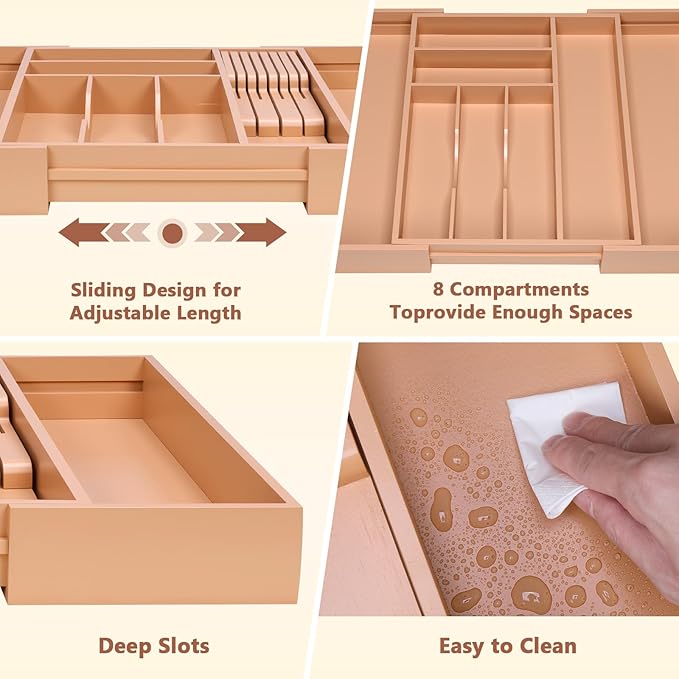 9-Piece Bamboo Kitchen Drawer Organizer Set, Expandable Silverware &Utensil Organizer with Removable Knife Block & Steak Knives, Flatware Organization, Tableware Dividers Storage(Brown)