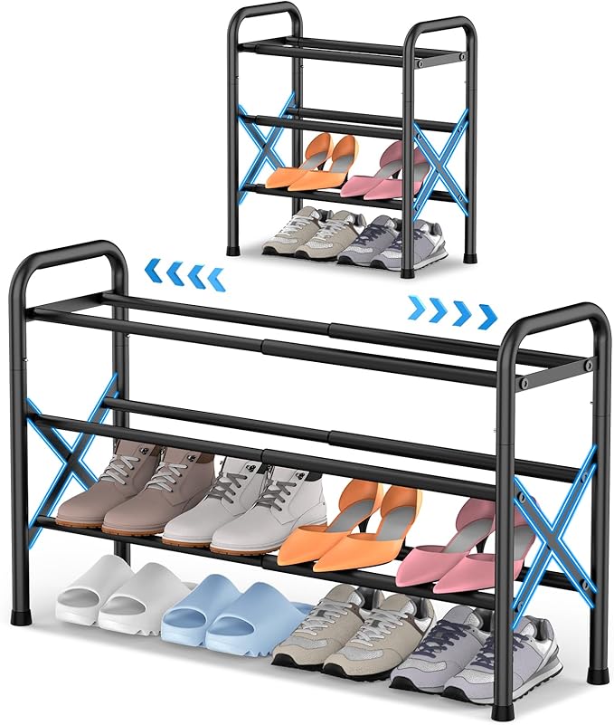 3-Tier Expandable Shoe Rack for Closet Floor, X-Frame Metal Small Shoe Rack for Entryway, Adjustable Shoe Shelf Organizer, Free Standing Shoe Racks for Front Door Entrance, Garage - Black