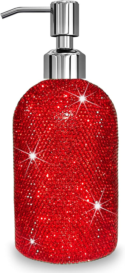 SlowVibes 18Oz Bling Red Soap Dispenser with Rust Proof Stainless Steel Pump,Refillable Liquid Hand Wash Bottle for Bathroom Kitchen,Sparkle Decorative Shower Dispenser,Rhinestone Lotion Dispenser