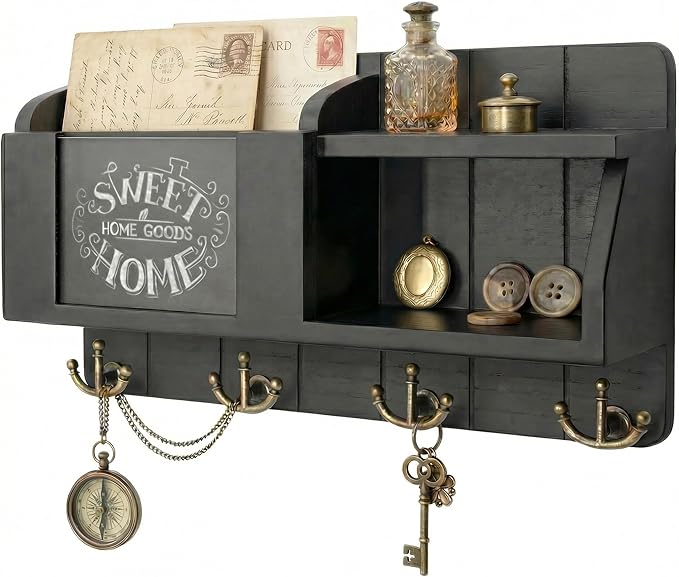 Rebee Vision Modern Key Holder for Wall - Mail Organizer Wall Mount with Chalkboard & Sayings - Home Decor for Entryway